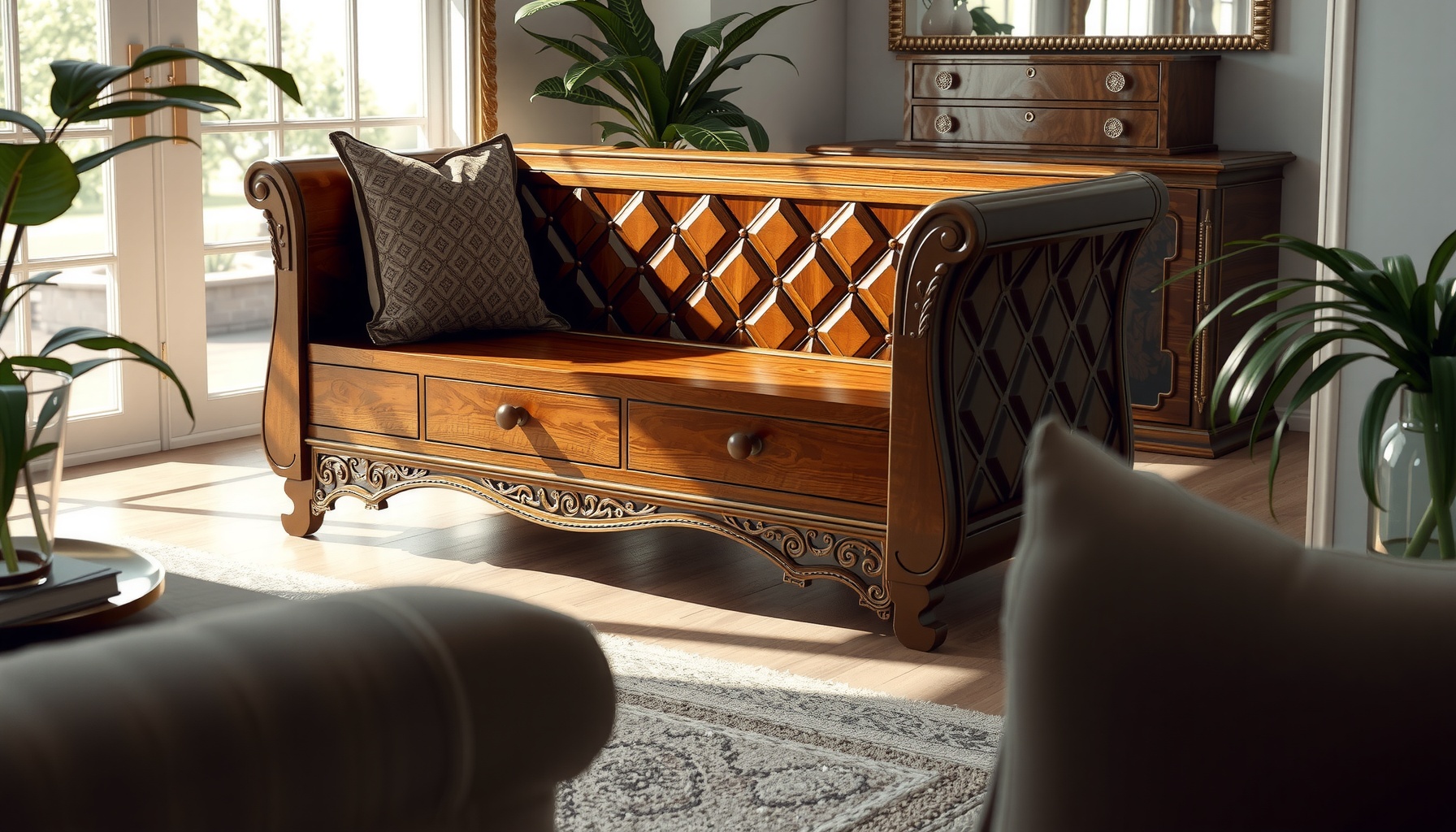 Wholesale Diamond Carved Storage Bench Adds Elegance