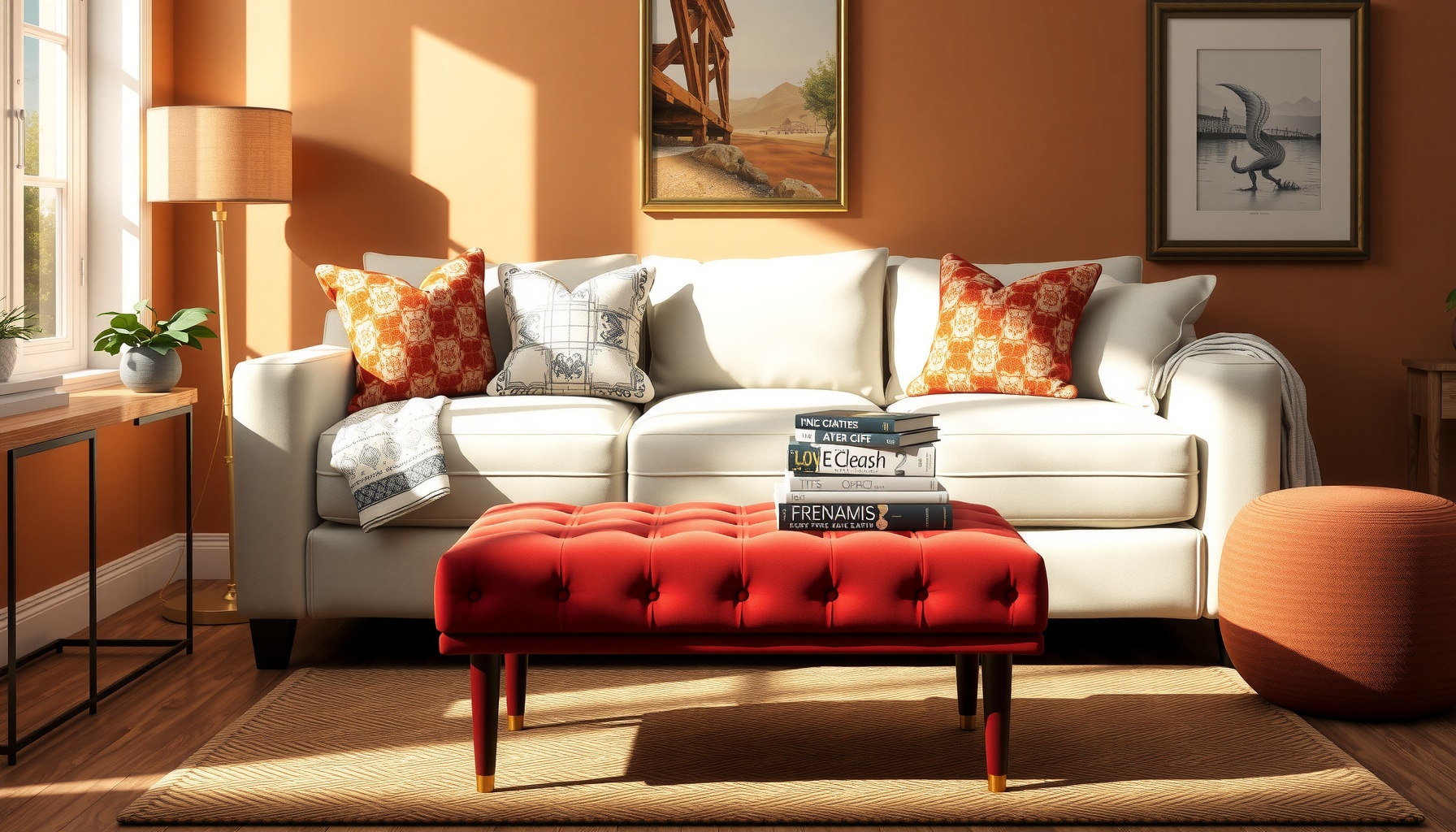 Brick Red Velvet Footstool Adds Style To Any Room