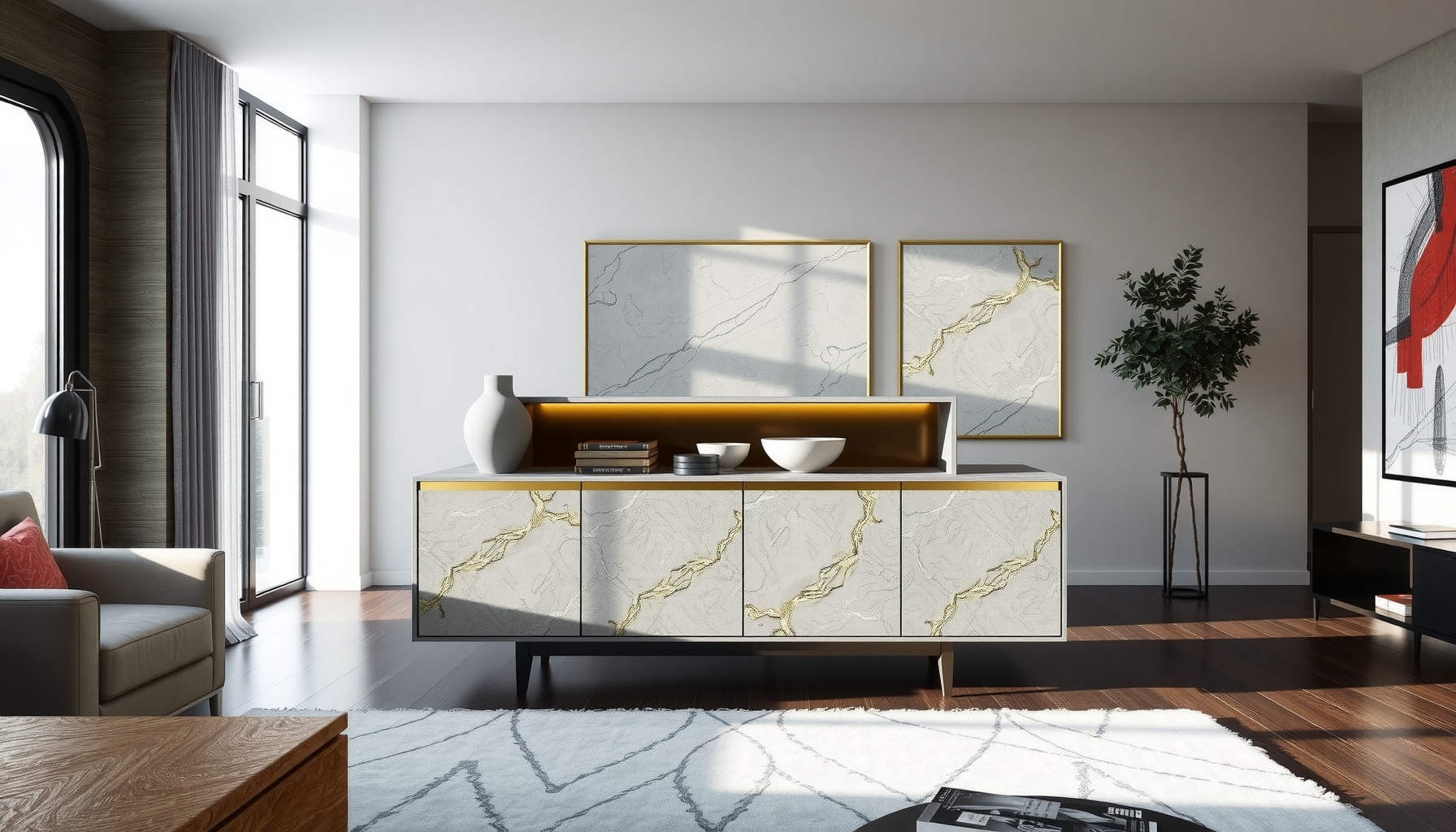 Sleek Cement Brass Inlay Cabinet Elevates Modern Decor