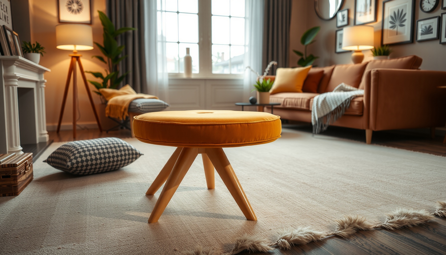 Mustard Velvet Tripod Footstool Elevates Any Space
