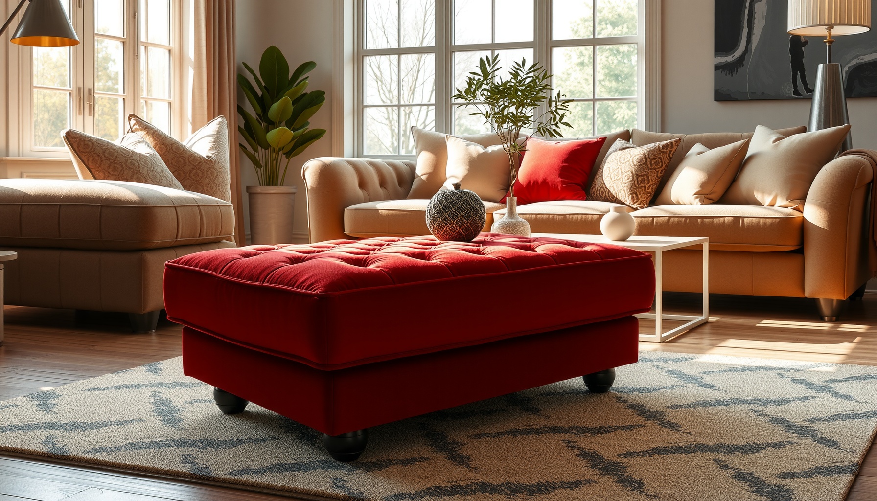 Brick Red Velvet Footstool Elevates Any Living Space